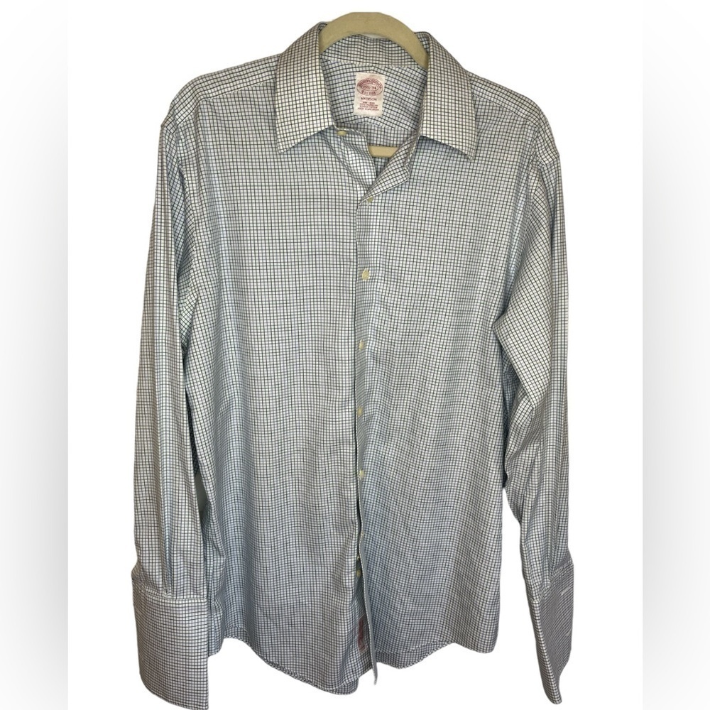 Brooks Brothers button down 15.5-34 white with green/blue checks F-16
